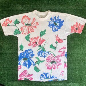 Vintage 80s Danskin Floral Shirt All Over Print AOP Flower Tee